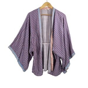 Sim & Sam Kimono Cardigan OS Blue Boho Geometric Rayon Open Front lagen retro